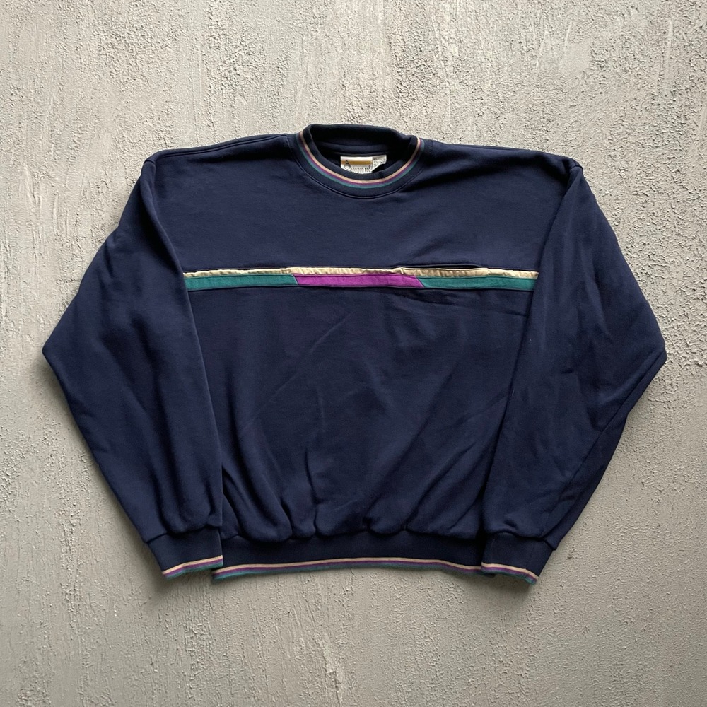 Vintage London Fog Striped Sweatshirt Mens Medium Navy Blue 90s Chest Pocket